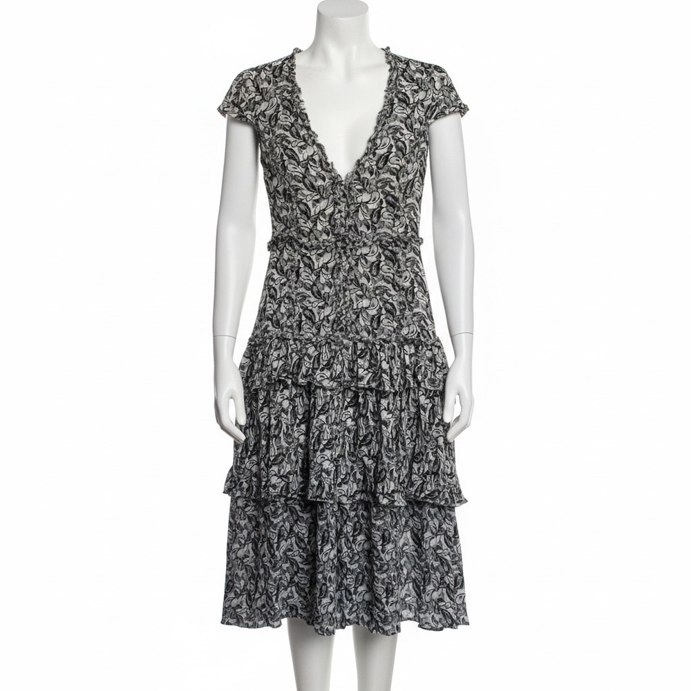 Marissa Webb Grey Silk Ruffle Tiered Midi Dress Size XS Victorian Goth Romantic